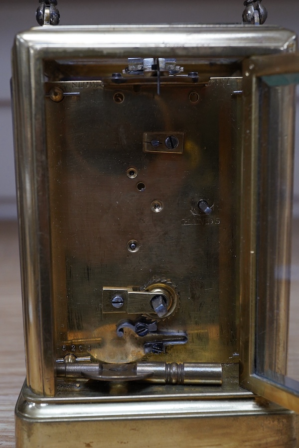 A 19th century French gorge cased carriage clock with original early lever escapement, c.1880, and enamel dial, with key, 16cm high. Condition - dial poor, untested